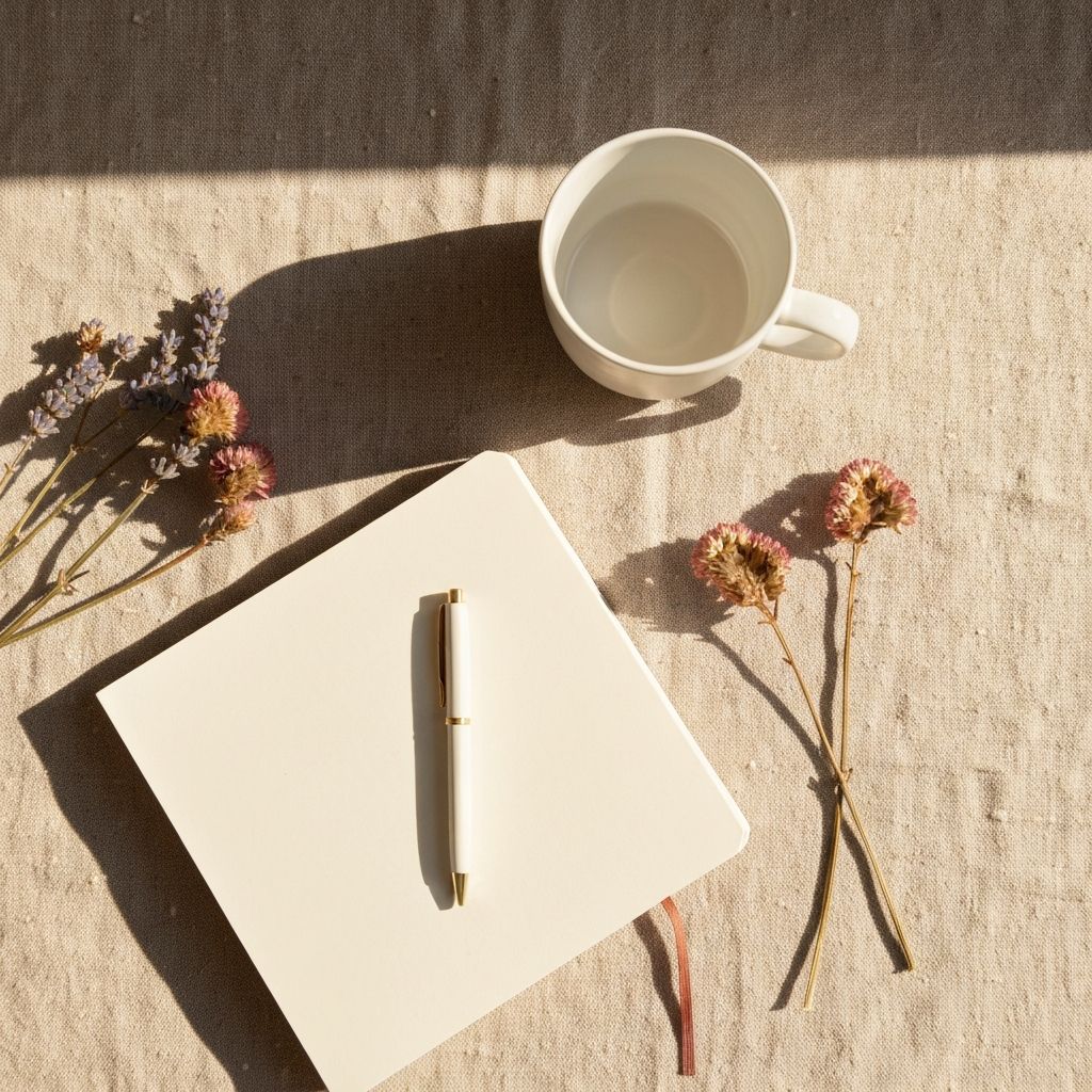 Morning flat lay with coffee and journal